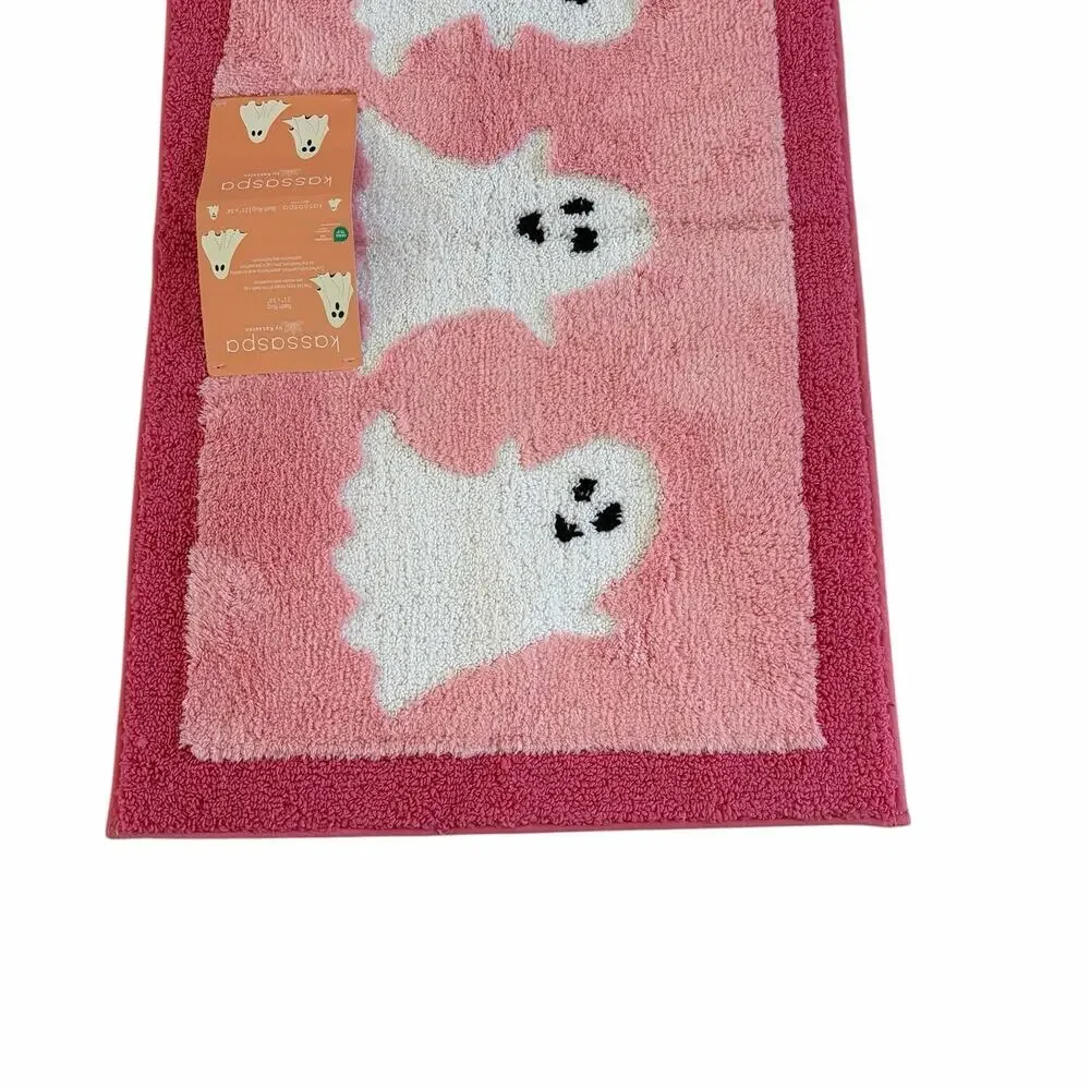 New KASSATEX Cheerful Ghosts Halloween Bath Rug 21x34 Pink & White Spooky Boo